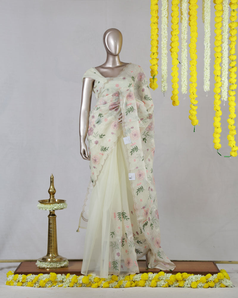 Ivory Pastel Floral Embroidered Organza Saree