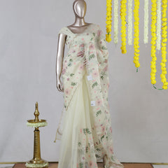 Ivory Pastel Floral Embroidered Organza Saree