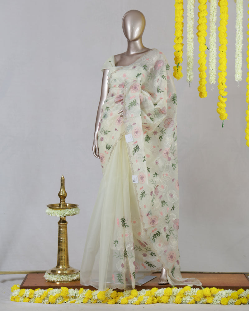 Ivory Pastel Floral Embroidered Organza Saree