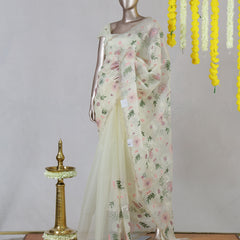 Ivory Pastel Floral Embroidered Organza Saree