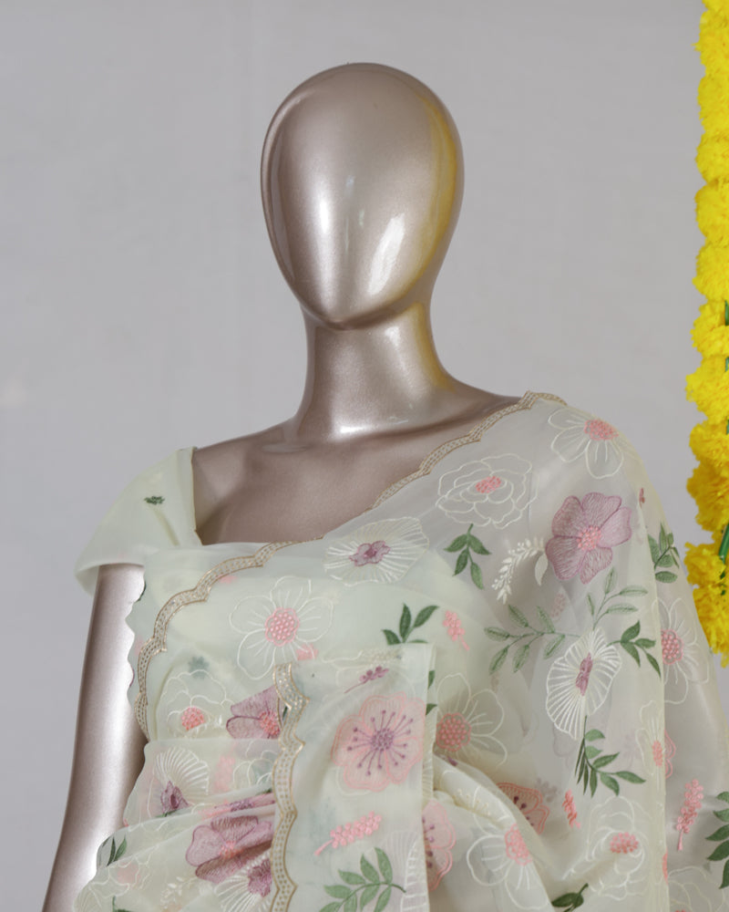 Ivory Pastel Floral Embroidered Organza Saree