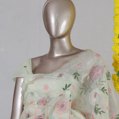 Ivory Pastel Floral Embroidered Organza Saree