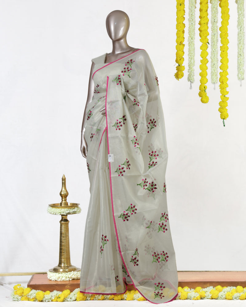 Floral Embroidered Kota Saree with Lace Border