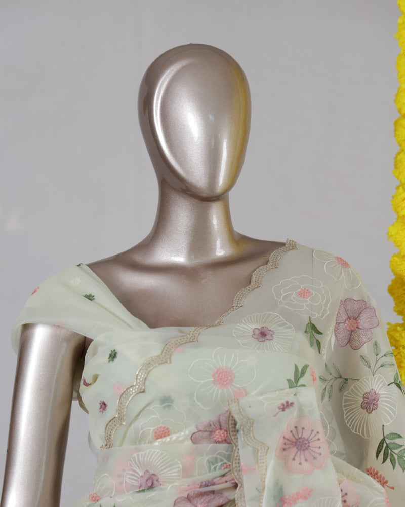 Ivory Pastel Floral Embroidered Organza Saree