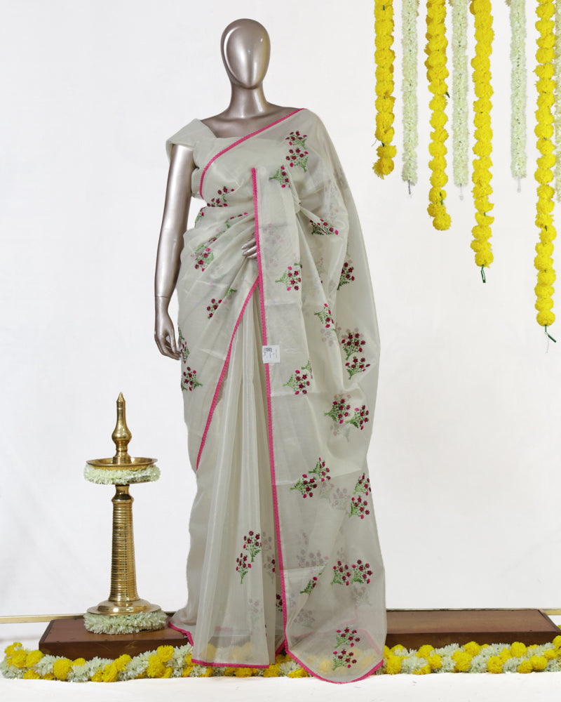 Floral Embroidered Kota Saree with Lace Border