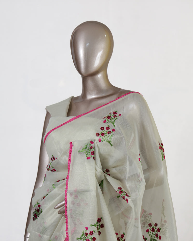 Floral Embroidered Kota Saree with Lace Border