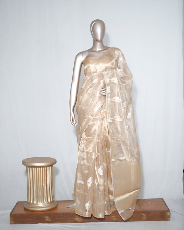 Champagne Gold Pure Tissue Silk Saree – Radiant Elegance in Every Drape  SAN4375