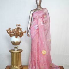 Pink Organza Saree with Floral Thread Embroidery  SAN4348