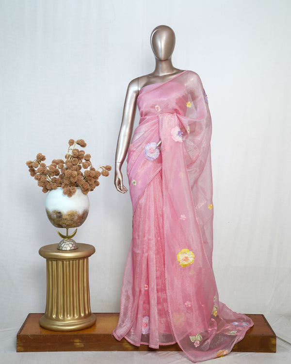 Pink Organza Saree with Floral Thread Embroidery  SAN4348