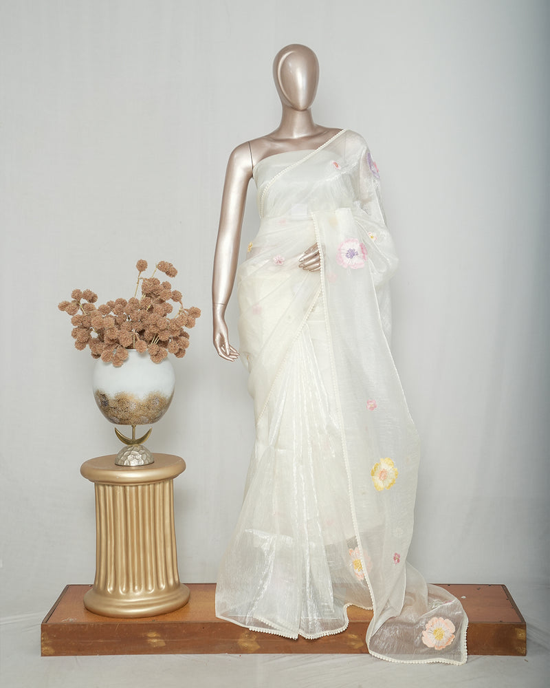 Ivory Crystal Organza Saree SAN4343