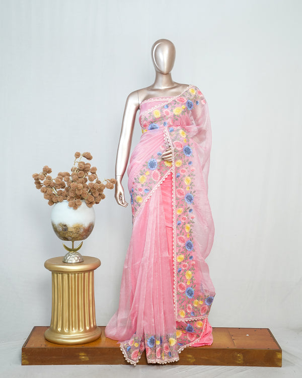 Pink Organza Saree with Floral Thread Embroidery SAN4320
