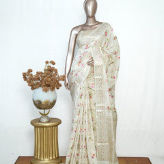 Ivory Banarasi Chanderi Saree with Meenakari Floral Weaving  SAN4387
