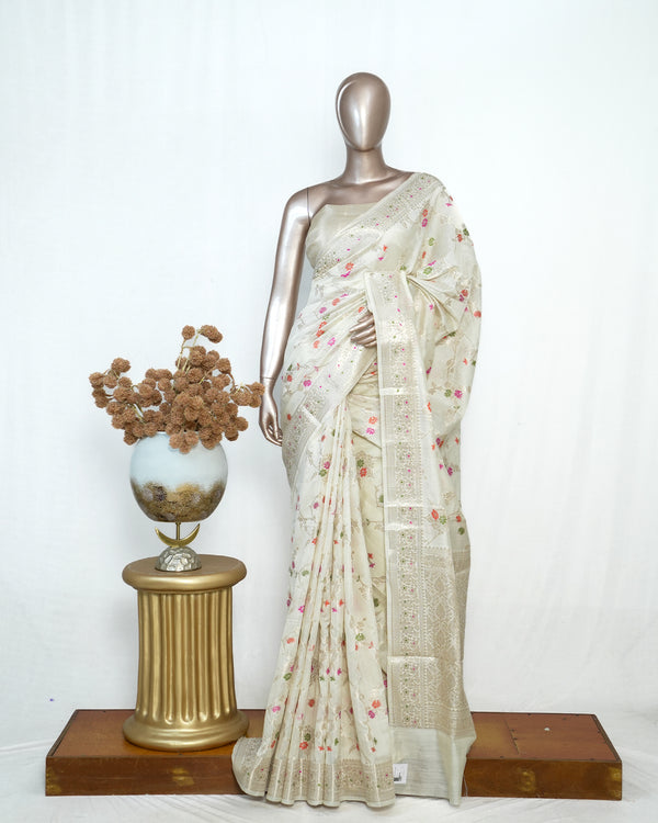 Ivory Banarasi Chanderi Saree with Meenakari Floral Weaving  SAN4387