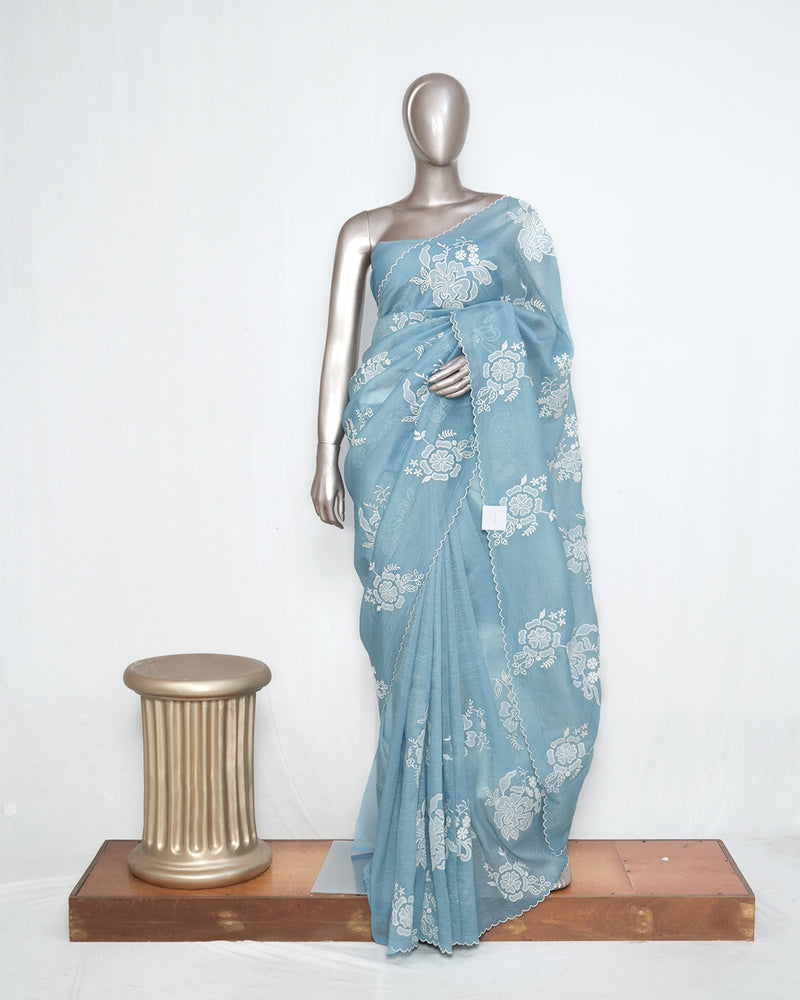 Pastel blue Crushed Organza Saree – Floral Elegance  SAN3990