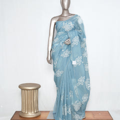 Pastel blue Crushed Organza Saree – Floral Elegance  SAN3990