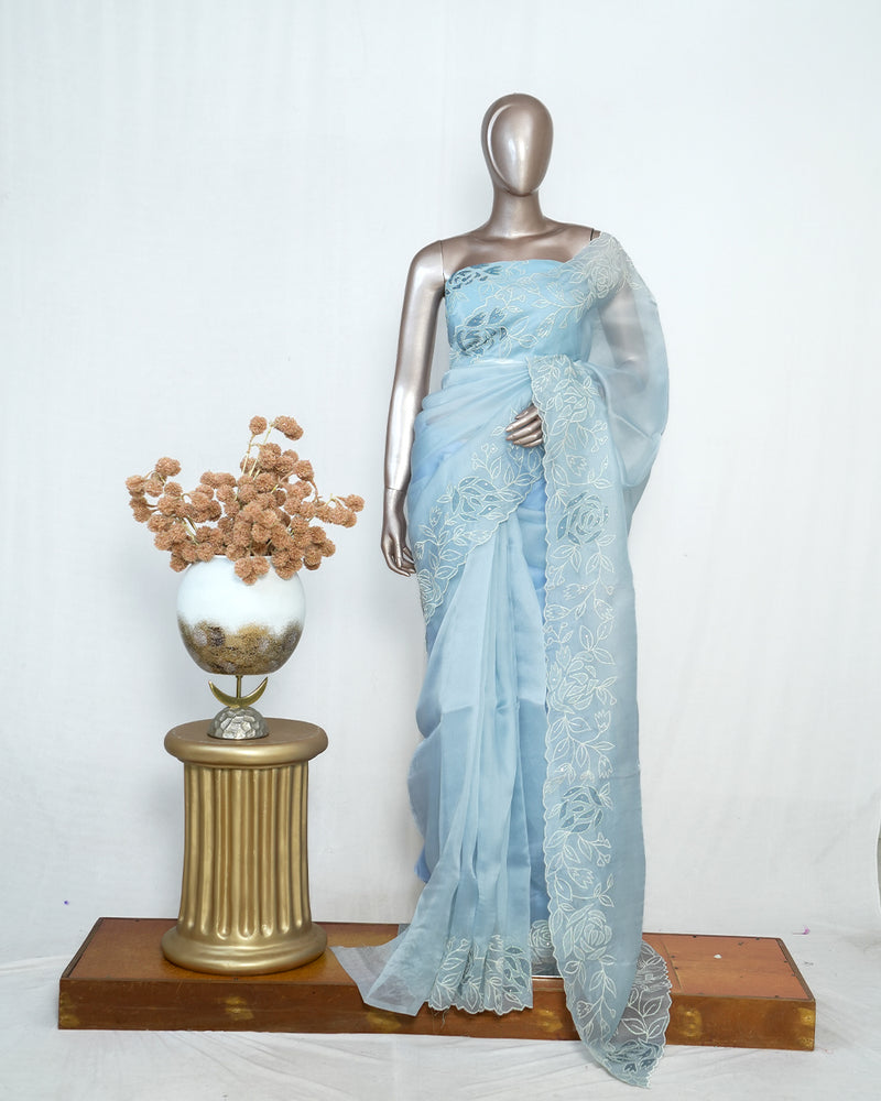 Blue Organza Saree with Floral Thread Embroidery SAN4934
