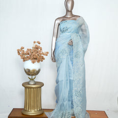 Blue Organza Saree with Floral Thread Embroidery SAN4934