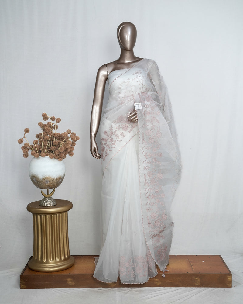 White Organza Saree with  Mauve Appliqué Embroidery & Scalloped Finish  SAN5308