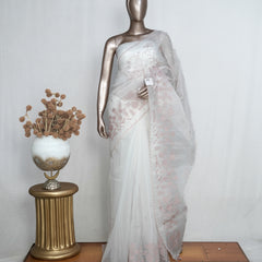 White Organza Saree with  Mauve Appliqué Embroidery & Scalloped Finish  SAN5308