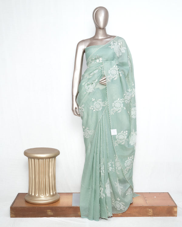 Sea green Crushed Organza Saree – Floral Elegance SAN3993