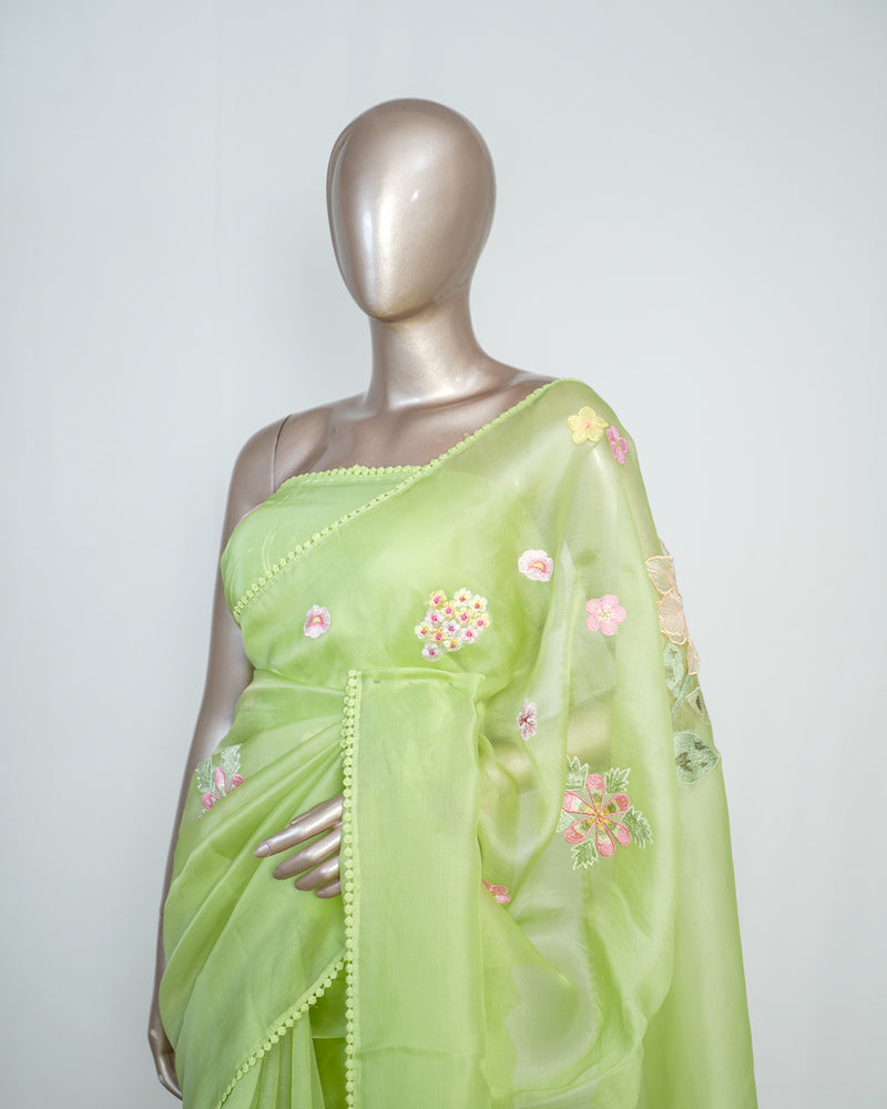Parrot Green Organza Saree with 3D Appliqué Embroidery SAN4865