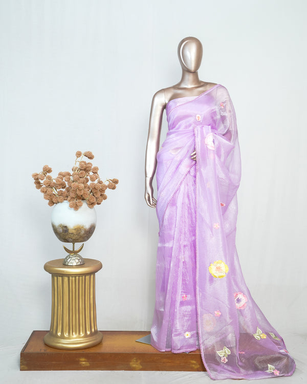 Lilac Organza Saree with Floral Thread Embroidery  SAN4349