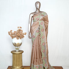 Nude Pure Tusser Silk Saree with Organza Embroidered Border  SAN4950