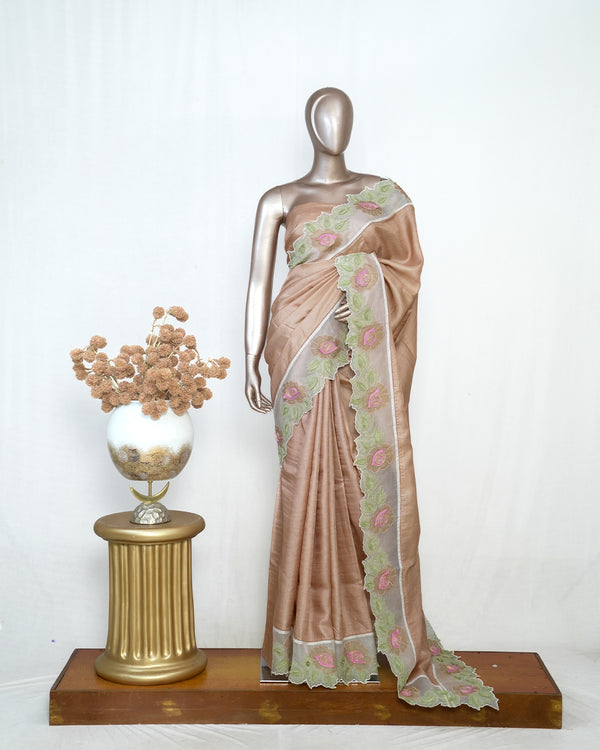 Nude Pure Tusser Silk Saree with Organza Embroidered Border  SAN4950