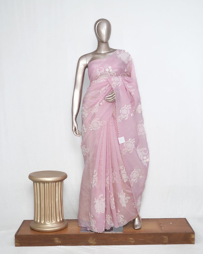 Blush Pink Crushed Organza Saree – Floral Elegance  SAN3997