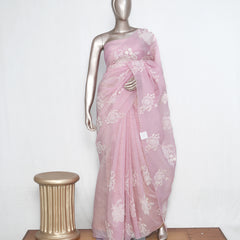 Blush Pink Crushed Organza Saree – Floral Elegance  SAN3997