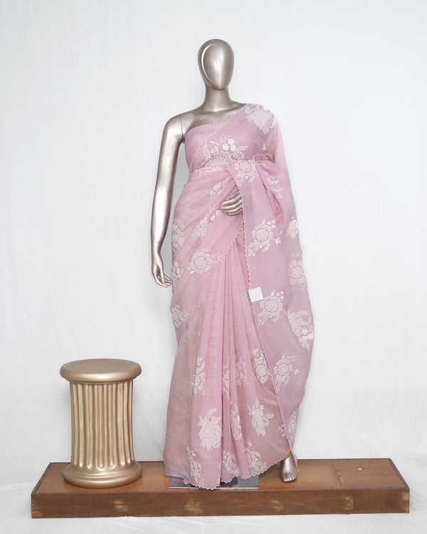 Blush Pink Crushed Organza Saree – Floral Elegance  SAN3997
