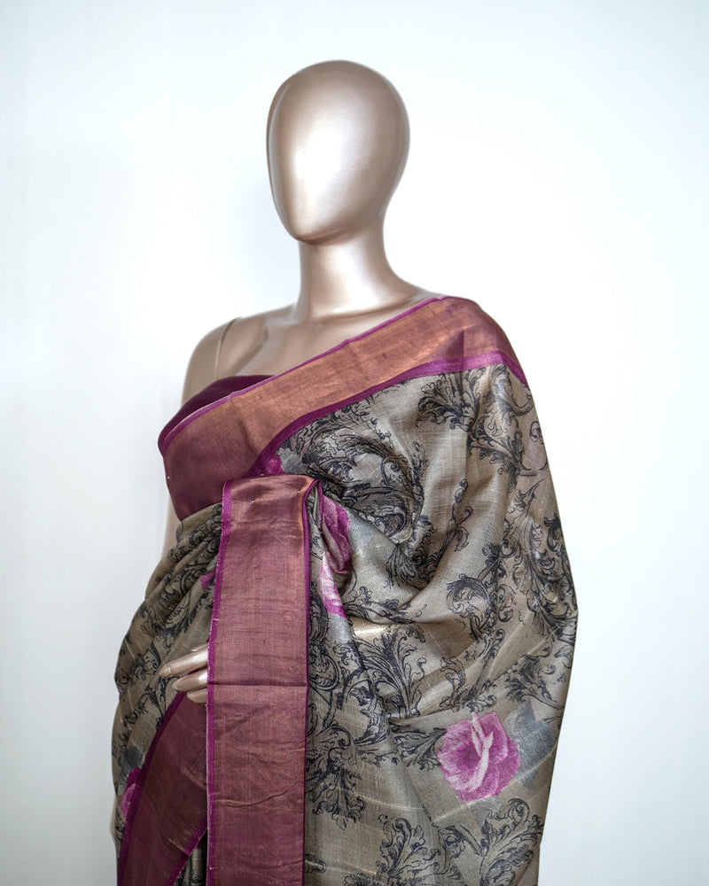 Tussar Silk Printed Saree with Bavunchi Border SAN4193