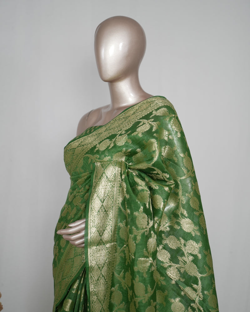 ⁠Linen Silk Saree with Banarasi Weaving  SAN4059