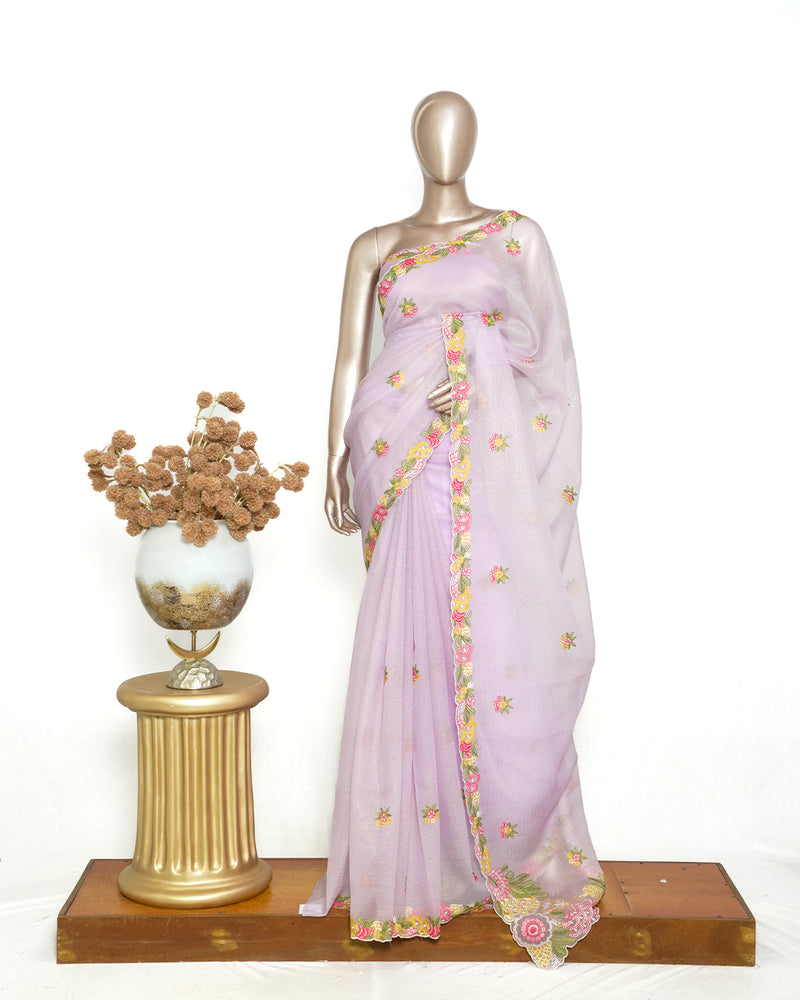 Lavender Organza Saree with Floral Thread Embroidery SAN4340