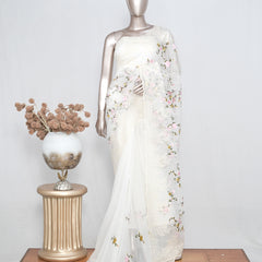 Offwhite Floral Embroidered Organza Saree – Timeless Grace  SAN4955