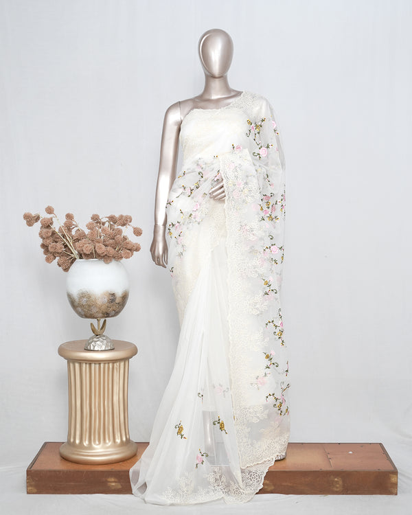 Offwhite Floral Embroidered Organza Saree – Timeless Grace  SAN4955