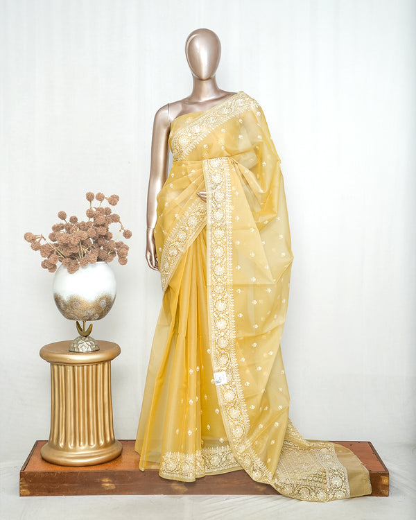 Muted pastel yellow Organza Saree  Q SAN5312