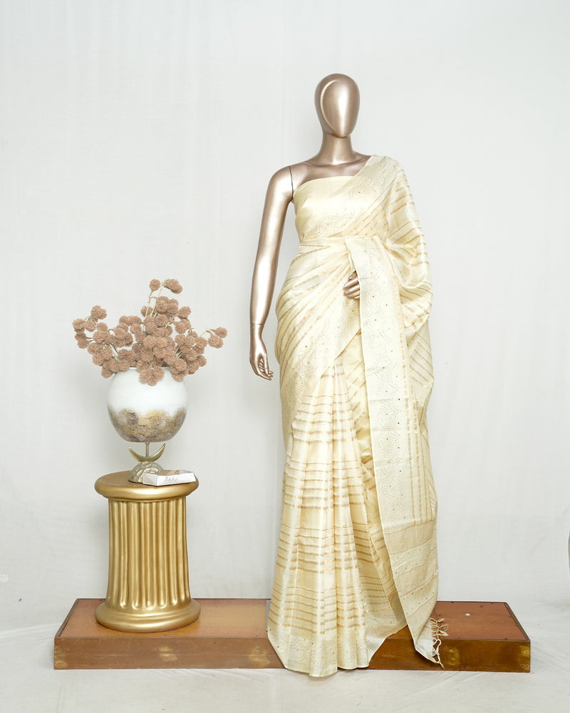 Ivory Tussar Silk Saree with Mukesh Handwork Border & Elegant Pallu SAN4852