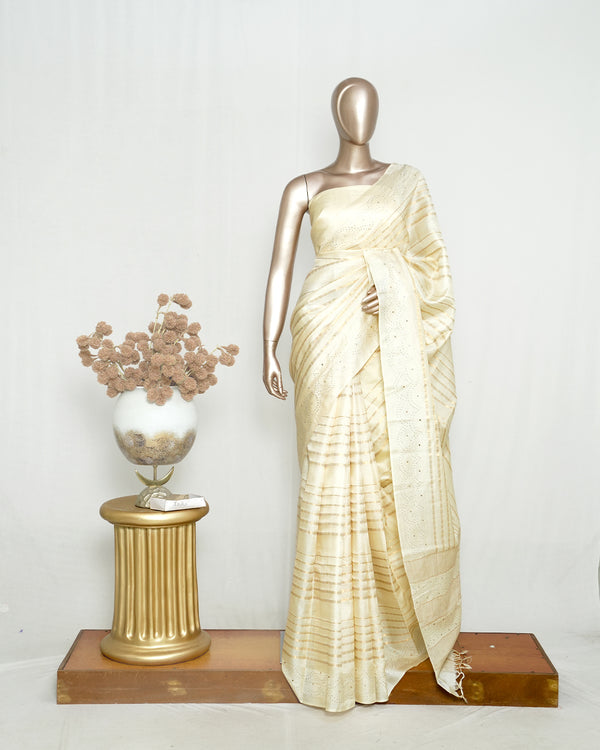 Ivory Tussar Silk Saree with Mukesh Handwork Border & Elegant Pallu SAN4852