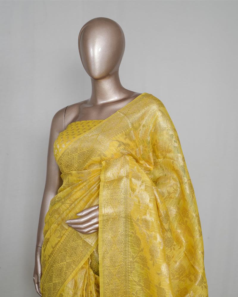 ⁠Linen Silk Saree with Banarasi Weaving  SAN4061