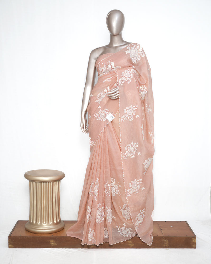 Blush Peach Crushed Organza Saree – Floral Elegance  SAN3991