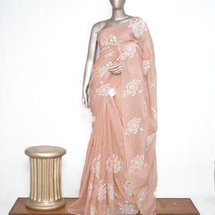 Blush Peach Crushed Organza Saree – Floral Elegance  SAN3991