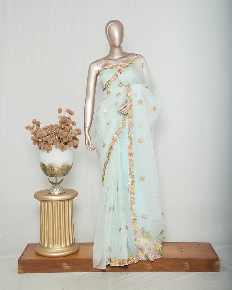 Ice Blue Crushed Organza Saree SAN4341