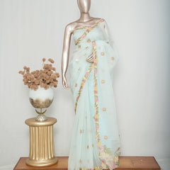 Ice Blue Crushed Organza Saree SAN4341