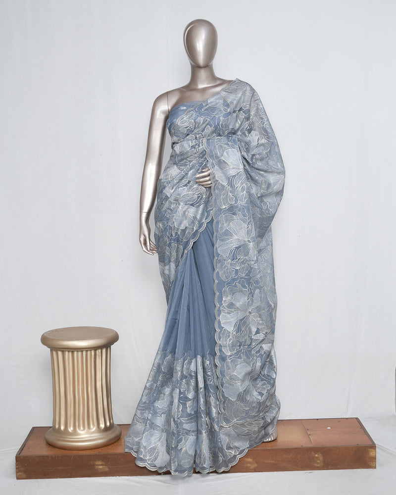 Powder Blue Organza Saree with Floral Silver & Gold Hand Embroidery SAN5300