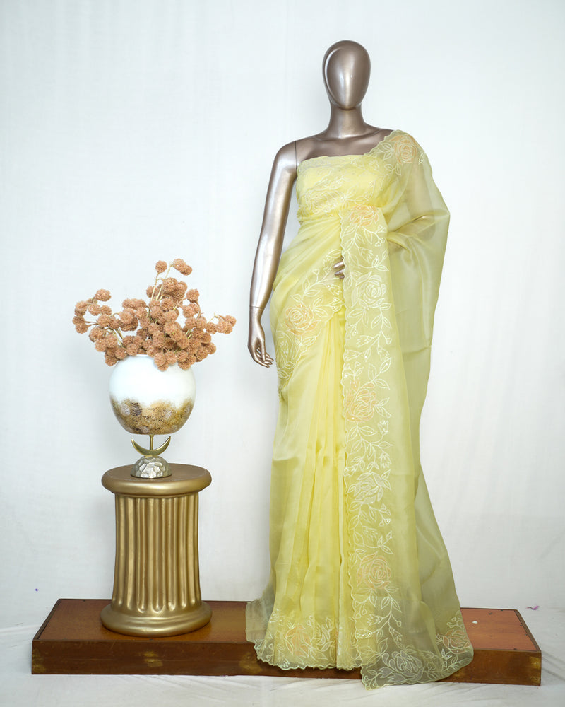Yellow Organza Saree with Floral Thread Embroidery SAN4934