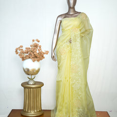 Yellow Organza Saree with Floral Thread Embroidery SAN4934