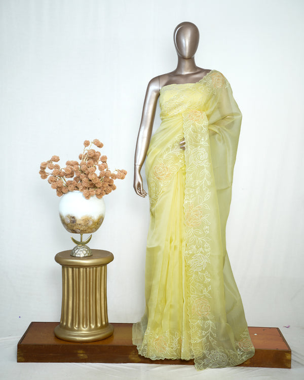 Yellow Organza Saree with Floral Thread Embroidery SAN4934