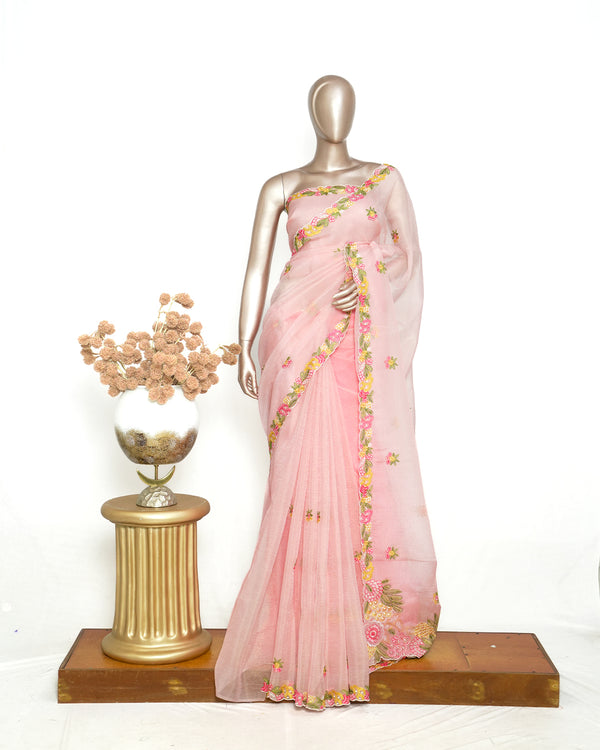 Peach Organza Saree with Floral Thread Embroidery  SAN4338