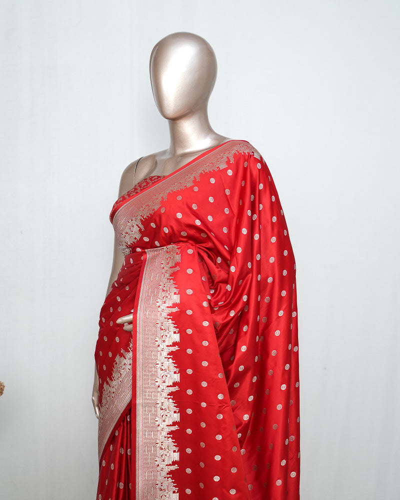 Coral Red Banarasi Silk Saree – Classic Zari Heritage SAN5287